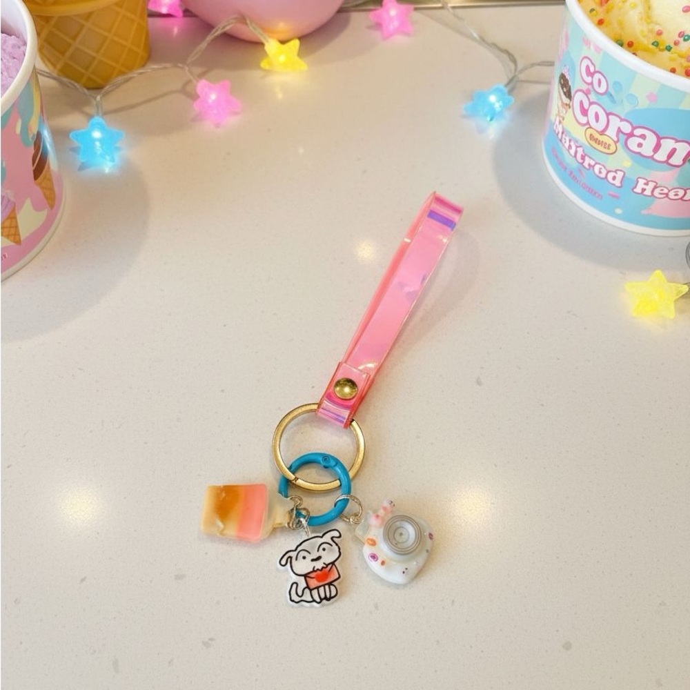 Handmade Cute Pink Charm Keychain with Dog & ice creams ,camera  Charms